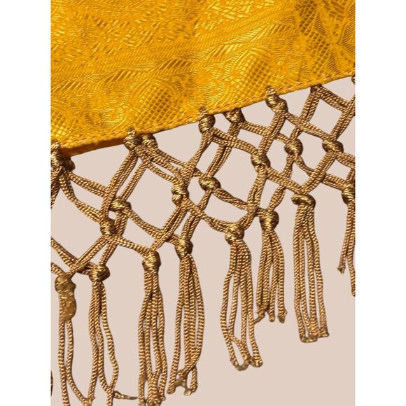 Vintage Gold Jacquard Scarf With Fringe Tassels 22" X 60" - Picture 4 of 6